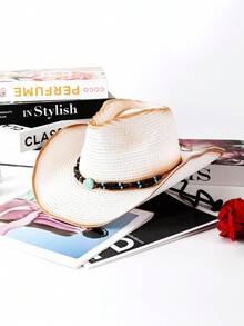 1pc Solid Color Bohemian Casual Straw Jewel Cowboy Beach Hat, Sunscreen, Suitable For All Seasons, Unisex, Versatile For Commuting - Teardrop Hat - View 41