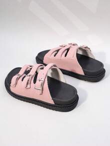 1 Pair Girls' Beige Suede Multi-Buckle Thick-Soled Non-Slip Slide Sandals For Everyday Casual Use - Pink - View 6