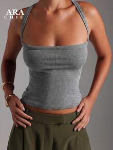 2026 春季 ARA CHIC 女士灰色性感交叉吊带背心，高弹力修身休闲运动背心，适合海滩度假 - 灰色 - 查看 6
