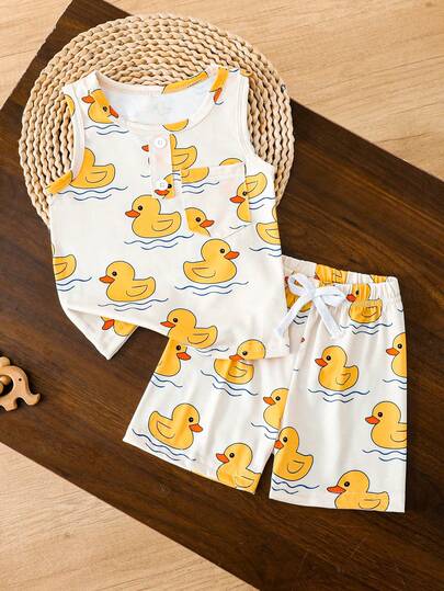 2pcs Baby/Toddler Unisex Duck Print Short Sleeve Outfit, Adorable