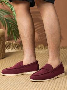 2026春夏新款男士圆头乐福鞋，百搭男士一脚蹬鞋，商务正装工作鞋，英伦风乐福鞋，平底休闲透气软底手工大码男鞋43-46码 - 酒紅色 - 查看 2