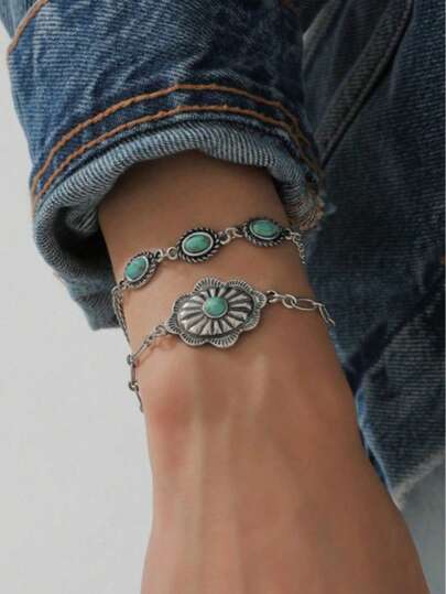 2pcs/Set Western Cowboy Vintage Oval Flower Chain Bracelet, Fashionable Design Versatile Faux Turquoise Bracelet Set, Suitable For Women's Daily Wear,Summer,Jewellery