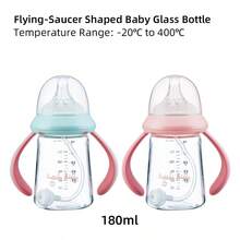 1pc 180ml UFO-Shaped Glass Baby Bottle With Handle, Anti-Colic Nipple, 5cm Mouth Diameter, Temperature Resistant -20°C To 400°C, Cartoon Pattern, Suitable For Daily Feeding - Multicolor - View 1