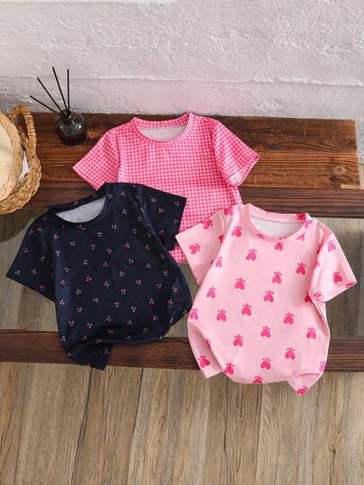 Bộ 3 áo thun ngắn tay dễ thương cho bé gái, mềm mại và thoáng khí, thích hợp cho mùa xuân/hè, họa tiết quả anh đào và trái tim, phù hợp mặc hàng ngày và đi học mẫu giáo.