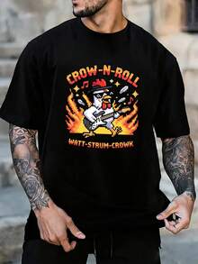 Camiseta Vibrante-Trendy Humorística: Gallo "CROW-N-ROLL" pixelado Trendy, Estética Moderna de Streetwear Rock – Estilo Juvenil Casual - Negro - Ver 1