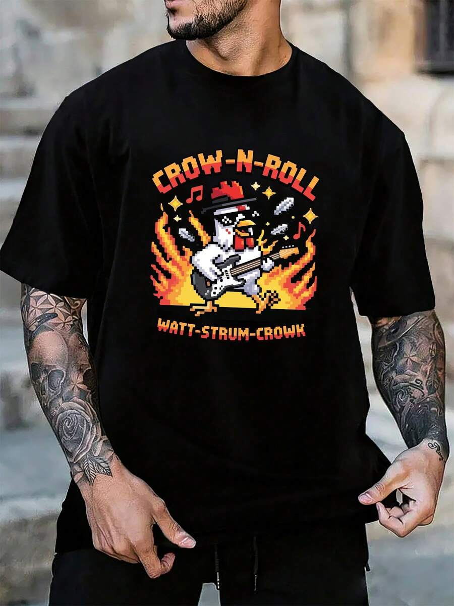 Camiseta Vibrante-Trendy Humorística: Gallo "CROW-N-ROLL" pixelado Trendy, Estética Moderna de Streetwear Rock – Estilo Juvenil Casual - Negro - Ver 1