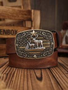 1条男士西部牛仔长角牛扣复古深棕色PU皮带，适合所有季节，夏季、学校休闲、商务、男友、丈夫、父亲等男士日常穿着，时尚百搭，青少年、户外、度假、运动、旅行、街头、波西米亚风、复古秋季、万圣节秋冬配饰，适合青少年、青年、男士、休闲、户外、运动、度假、毕业礼物、生日礼物、日常穿着 - 如圖 - 查看 22