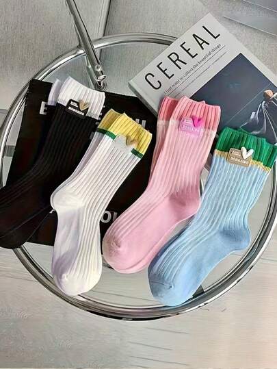 4 Pairs Women's Dopamine Color Matching Thin Summer Bicolor Socks, Cute Heart Pattern Mid-Calf Socks