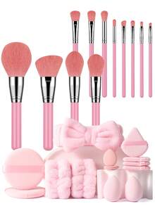 25件套化妆工具套装，包含：12支化妆刷套装+1个发圈+2个圆形粉扑+2个手碗挂绳+2个迷你气垫粉扑+4个三角粉扑+2个化妆海绵，一应俱全，新手友好 | 方便携带，送礼佳品 | 新手/女性的完美之选 - 彩色 - 查看 1