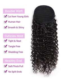 蓬松卷曲马尾辫，带抽绳，真人发接发，女士款式，自然黑色，夹式真人发假发，快速变换发型，适合日常和派对佩戴 - Natural Black - 查看 5