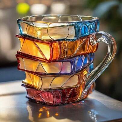 1 pieza Taza con forma de libro pintada de colores, taza de café con libro 3D pintado de manera única, taza de café con pila de libros de vidrio de colores, regalo para lectores, bibliotecarios, amantes de la literatura