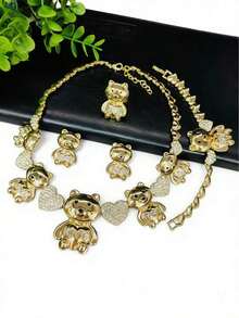 4pcs Women's Fashionable Gold-Plated XO Heart Bear Rhinestone Necklace, Earrings, Bracelet, Ring Jewelry Set, Suitable For , Middle Eastern, Dubai, African, European And American Parties, Weddings, Halloween, Christmas, Holiday Gifts For Mom, Sisters, Girlfriends - 黃金3 - 查看 3