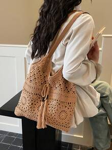 Handmade Crochet Beach Vacation Style Casual Women Shoulder Bag - Khaki - View 4