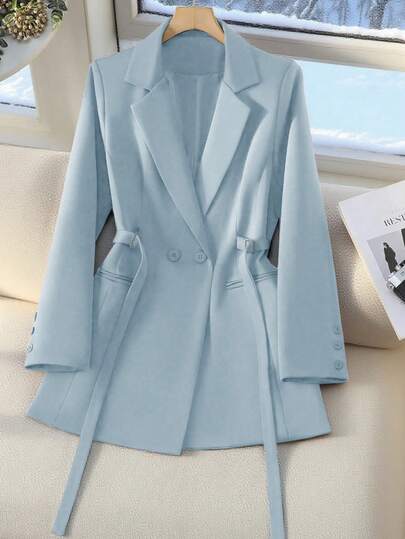 Brown Tie-Waist Double-Breasted Women's Blazer, Mid-Length Slim Fit Commuter Jacket, Crisp Drapey Fabric, Elegant Casual Outerwear For Women Aged 25-45 Spring