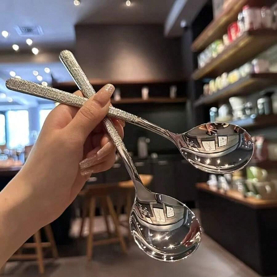 5pcs Luxury Rhinestone Stainless Steel Spoon | Shiny Tableware For Elegant Dining,Elevate Your Everyday Meal With Luxury, Eye-Catching Tableware,Premium Stainless Steel, Dishwasher
