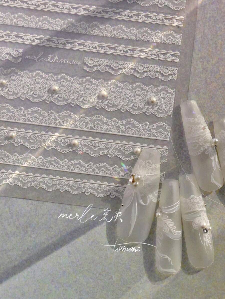 1pc 5D White Lace Striped Nail Art Sticker, Nail Ribbon Sticker, Self-Adhesive Decorative Nail Sticker Nail Stickers - 白色 - 查看 1