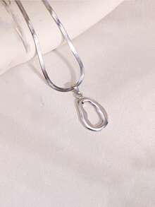 不锈钢不规则椭圆吊坠项链 | 不对称椭圆几何造型饰品 | 极简朋克风银链 - 橢圓 - 查看 4