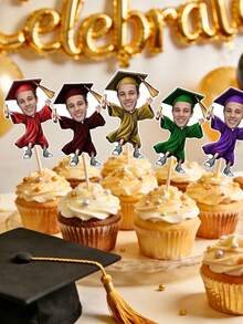 1/10/25/50/100/150 Pcs Customizable Graduation-Themed Cupcake Inserts, Personalized Face Cupcake Toppers, Custom Face Cupcake Decorations, Custom Cupcake Decorations With Different Face Photos, Graduation Cake Decoration Party Hat Cupcake Toppers. - Multicolor - View 6