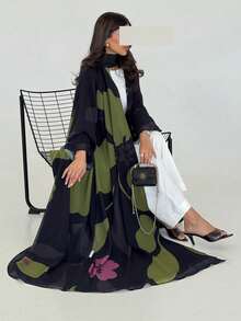 Hafizah 2pcs Modest Vintage Floral Pattern Loose Cardigan Robe With Headscarf Black Vacation Fall - Black - View 4