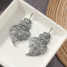 Vintage Silver-Tone Copper Earrings, Delicate Filigree Heart Shaped Earrings, Beautiful Drop Earrings, Jewelry Gift For Her - Silver - View 4