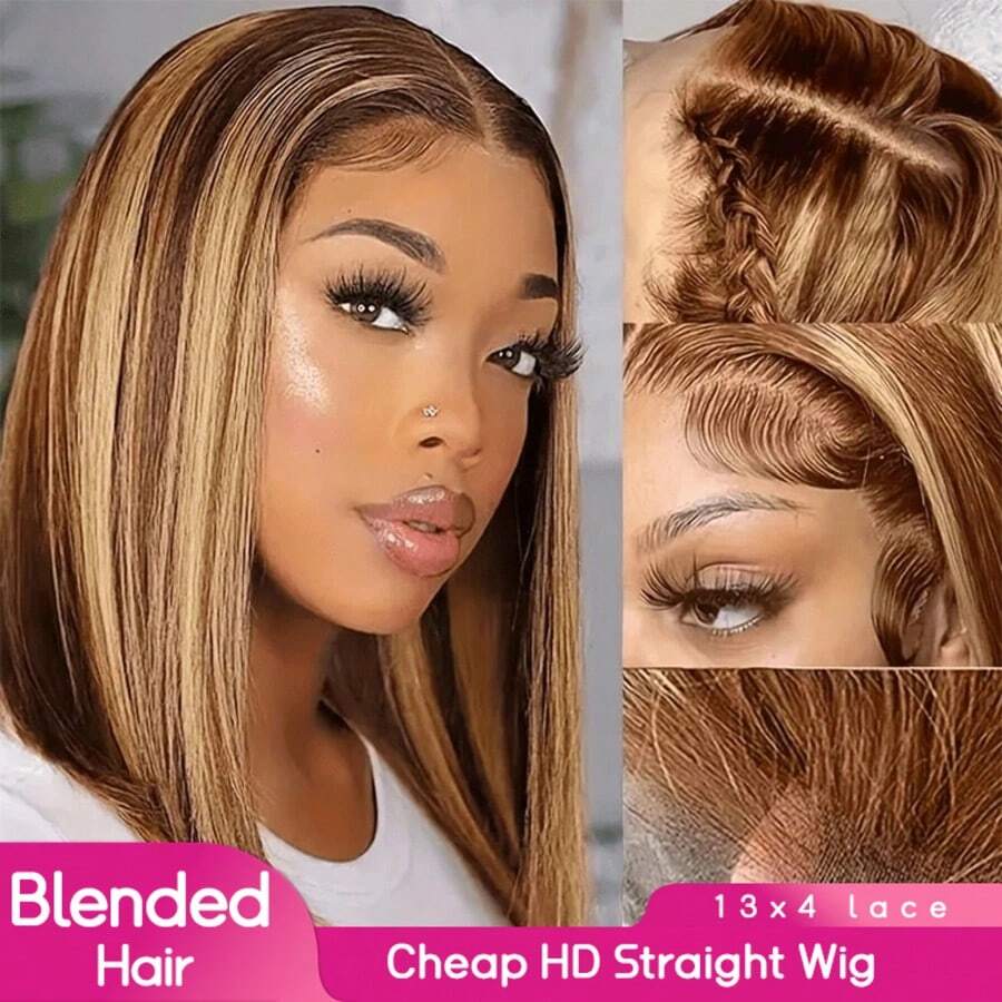 Tóc giả PQL kiểu bob 12 inch, tóc thẳng Brazil nguyên chất 8-16 inch, tóc giả ren phía trước không cần keo, tóc giả pha trộn tóc người | Tóc giả ren phía trước độ nét cao 4*4 5*5 13x4, đã được tỉa và cắt sẵn, mật độ 200%, cắm và sử dụng ngay, tóc giả pha trộn sợi tổng hợp chịu nhiệt màu đen tự nhiên, dành cho phụ nữ.