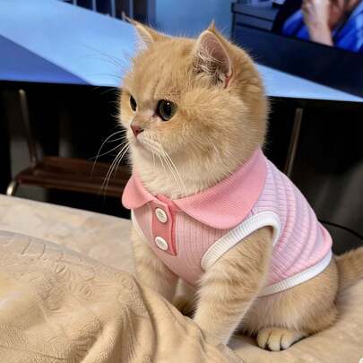 Cute Pastel Color Block Polo Dog Vest - Sleeveless Knit Pet Top With Button Detail For Small Dogs & Cats