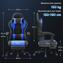 DEVOKO Ergonomic Gaming Chair With Adjustable Armrests, Retractable Footrest & Lumbar Support, Comfortable PU Leather Desk Chair - Blue - View 2