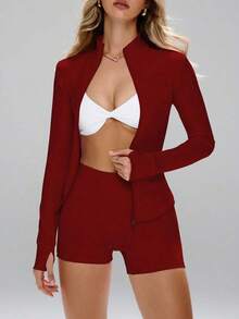 Women's Slim Fit Breathable Sports Set, Suitable For Outdoor Running, UV Protection Zipper Elastic Minimalist Slim Fit Fashionable Sexy High-Quality Basic Streetwear Elastic Casual Unique Color Brightening Skin Tone Elegant Tight Fit Warm Long Sleeve Yoga Jacket - 酒紅色 - 查看 8