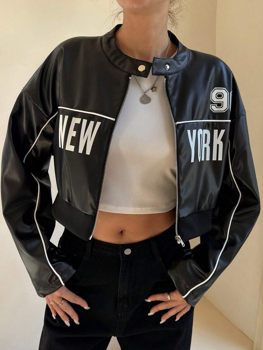 Women's Fashion Short Baseball Jacket, Stand Collar Long Sleeve, Zipper Detail, Printed "NEW YORK", Casual Outerwear - Black - View 1