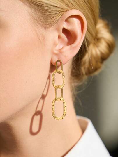 Mazuer 1 Pair 18K Gold Plated Stainless Steel Vintage Hammered Oval Hoop Drop Earrings, Golden Jewelry Gift For Women, Suitable For Party And Daily Wear