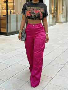 Women's Satin Cargo Pants, High Waist Wide Leg Pockets, Suitable For Party, Nightlife And Casual Street Wear Spring - Hot Pink - View 5