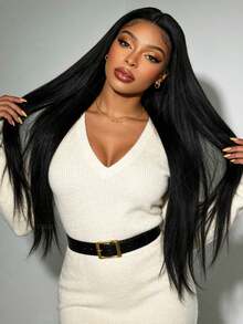 VIOLLY Tóc giả thẳng 28 inch 13x6 HD trong suốt, kiểu rẽ ngôi tự do từ tai đến tai, mật độ 200%, đường chân tóc mềm mại, tóc con, đã tỉa sẵn, đã tẩy trắng các nút thắt, màu #1B, pha trộn tóc tự nhiên, thích hợp cho mùa lễ hội. - 1B - Xem 7