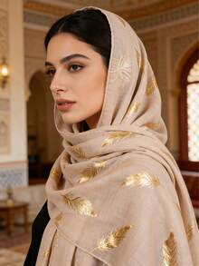 1pc Women's Fashion Rose Gold Feather Print Scarf/Headscarf, Suitable For Daily Wear - Khaki - View 3