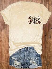 Summer Tops For Women - Christian T-Shirt For Women - "Where Flowers Fall, God Causes Them To Rise Again" (Psalm 136:1) Bible Verse - Beige Inspirational Top With Butterfly And Floral Design, Soft And Breathable, Suitable For Church, Casual Wear, And Religious Gifts - Machine Washable, Slightly Elastic, All-Season Faith Apparel, Spiritual Clothing, Church Attire, Lightweight Material, Comfortable Fit, Scripture Shirt, Faith Community - 杏色 - 查看 3