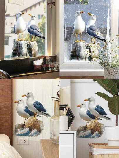 1pc Decorative Glass Sticker Featuring A Realistic Seagull Standing On A Rock, Designed For Home Decor With A Double-Sided View.