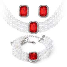 Lavish Square Cubic Zirconia Pearl Earrings Necklace Bracelet Set For Women Wedding Jewelry - Red - View 4