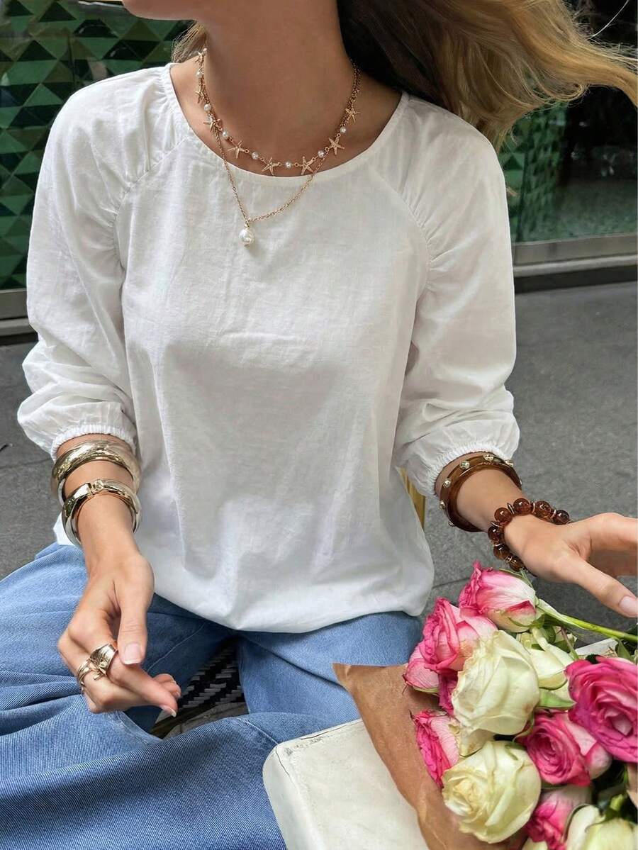女士休闲百搭纯色灯笼袖上衣 白色 夏季 - 白色 - 查看 1