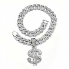 2pcs Luxury Pet Collar, Dog Necklace Hip-Hop Cuban Chain Design, Fashion Dollar Pendant With Rhinestones Alloy Material, Adjustable Comfortable Pet Necklace - Multicolor - View 6