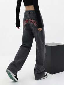 New York Letter Print Jeans Women's Baggy Boyfriend Jeans Wide Leg High Rise Dark Wash Vintage Jeans Y2K Street Denim Pants - 黑灰色 - 查看 4