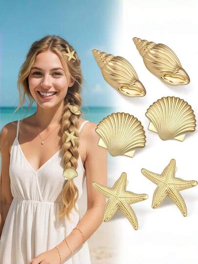 6pcs Women's Gold Starfish & Shell Hair Clips, European & American Vacation Style Casual Metal Duck Clip Hair Accessories With Ocean Elements