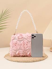 蜜桃粉玫瑰手提包，优雅女士晚宴手拿包，时尚高端单肩包 - 粉色 - 查看 5