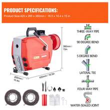 120FT X 7/8 Inch Drain Cleaner Machine, 420W Electric Sewer Snake Auger Manual Feed - With 6 Cutters, 2 Steel Cables (120' X 7/8" And 18' X 3/8") & CW/CCW Control For 1.9" To 6" Pipes - 查看 7