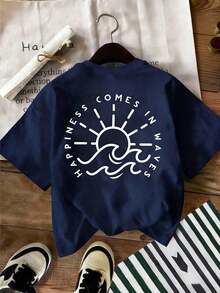 Plus Size Women Summer Casual Vacation Daily Commute Simple Drawing Sun Wave Letter Print Loose Fit T-Shirt Comfy Sets Summer Women Summer Lounge Set Cute Summer Sets Summer Clothes Set Summer Matching Set-New Minimalist-Style Summer And Autumn Apparel - 藏蓝色 - 查看 2