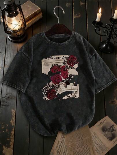Women's Casual Cotton Tee With Funny "Rose Newspaper" Graphic, Retro Streetwear Style, Comfortable Loose Fit Y2K Punk Rock Graphic T-Shirt, Machine Washable Short Sleeve Top Black Summer