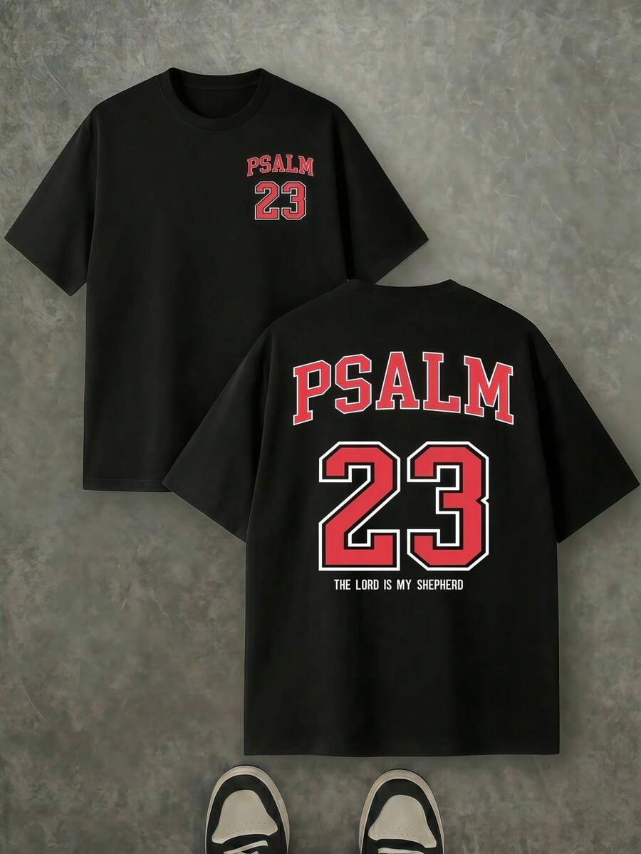 PSALM 23 'THE LORD IS MY SHEPHERD' Double Sided Printed Cotton T-Shirt, Christian Scripture Vintage Retro Street Tee, Unisex Christian Apparel, Comfortable Casual Top For Daily Wear, Outdoor Leisure And Christian Gatherings - 黑色 - 查看 1