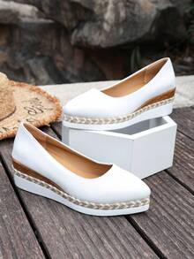 [Lightweight & Breathable, Platform Increases Height] Women's Low Vamp Woven Fisherman Shoes, Retro Suede Commuting Casual Shoes, Non-Slip Thick-Soled Granny Shoes - White - View 4