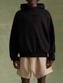 Essentials -Fear Of God FW23 Collection Heavyweight Fleece Lined Oversized Hoodie, Unisex 350GSM Thick Cotton, Ultra Warm Brushed Interior, Flocking Craftsmanship, Functional Kangaroo Pocket, Non-Gender Loose Silhouette, High-End Winter Street Style, Cozy Wear For Extremely Cold Days - 烏黑 - 查看 4