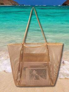 1pc Mesh Tote Bag, Cosmetic Bag, Casual Handbag, Foldable Women's Shoulder Bag For Picnic, Waterproof, Foldable, Essential Bag, Multifunctional Shoulder Shopping Tote, Mesh Hollow Bag, Mesh Bag, Bathroom Storage Bag, Multifunctional Toiletry Bag, Bathroom Bag And Shoulder Tote, Lightweight, Large Capacity, Portable Mesh Beach Bag, Suitable For Family Travel, Vacation, Beach, Camping And Hiking, Summer Holiday Bag - màu nâu - Xem 7