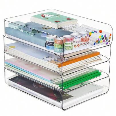 2/4 Packs A4 Size Clear Letter Trays - Stackable Paper Organizer, Desktop Organizer For Office - Desktop Storage Rack Document Organizer For File, Book, Newspaper And Magazine, Storage Compartments - Back To School Supplies