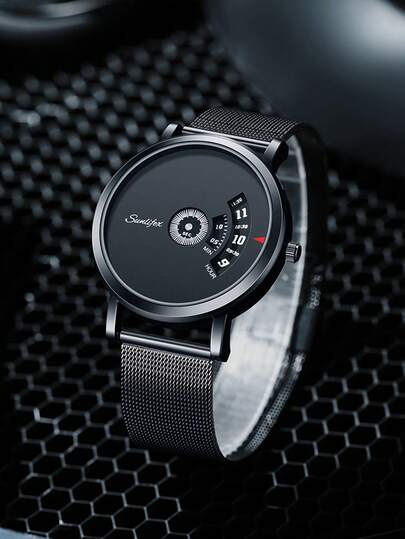 1pc Sleek Minimalist Men's Quartz Watch Unique Dial Design Polished Black-Tone Premium Alloy Case Modern Minimalist Cool Style Perfectly Complements Business Attire Casual Wear Traditional Middle Eastern Attire Ideal For Daily Outings Office Commutes Business Meetings Night Outings Ramadan Gatherings Eid Celebrations Perfect Gift For Husband Brother Best Friend Family Member Suitable For Birthdays Wedding Anniversaries Eid Father's Day All Special Occasions Exquisite Men's Watch Accessory